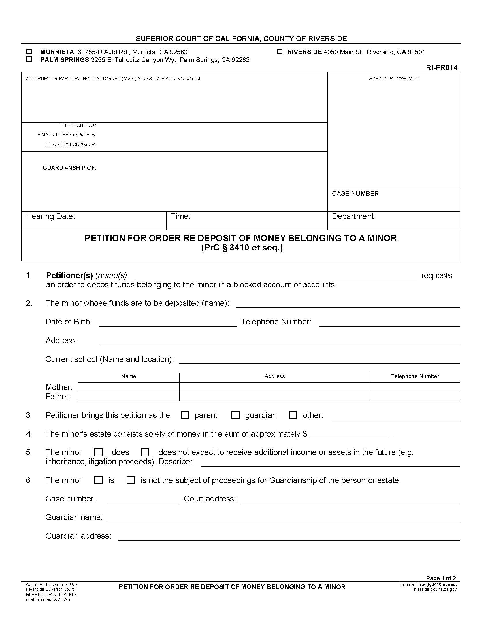 Petition For Order Re Deposit Of Money Belonging To Minor {RI-PR014} | Pdf Fpdf Docx | California