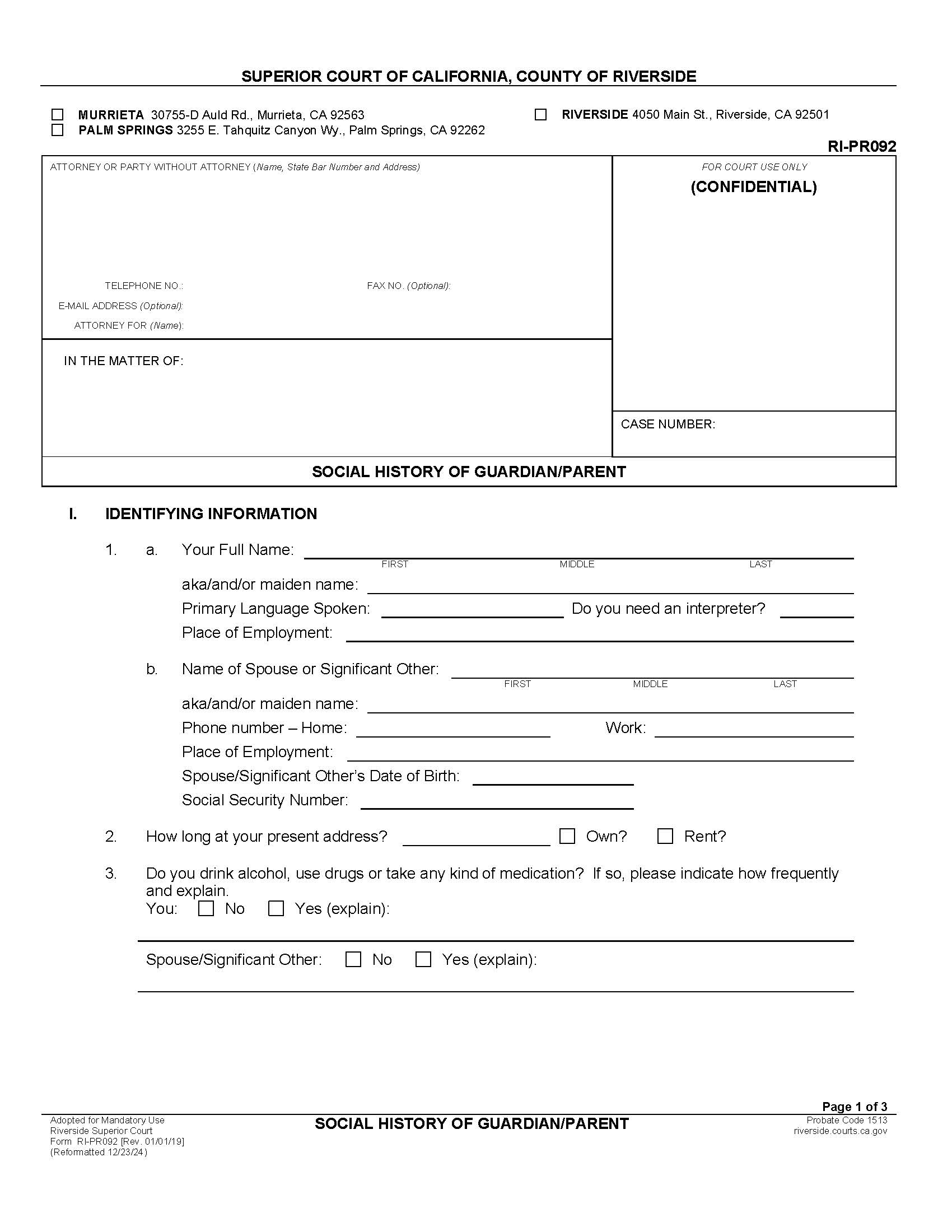Social History Of Guardian- Parent {RI-PR092} | Pdf Fpdf Docx | California