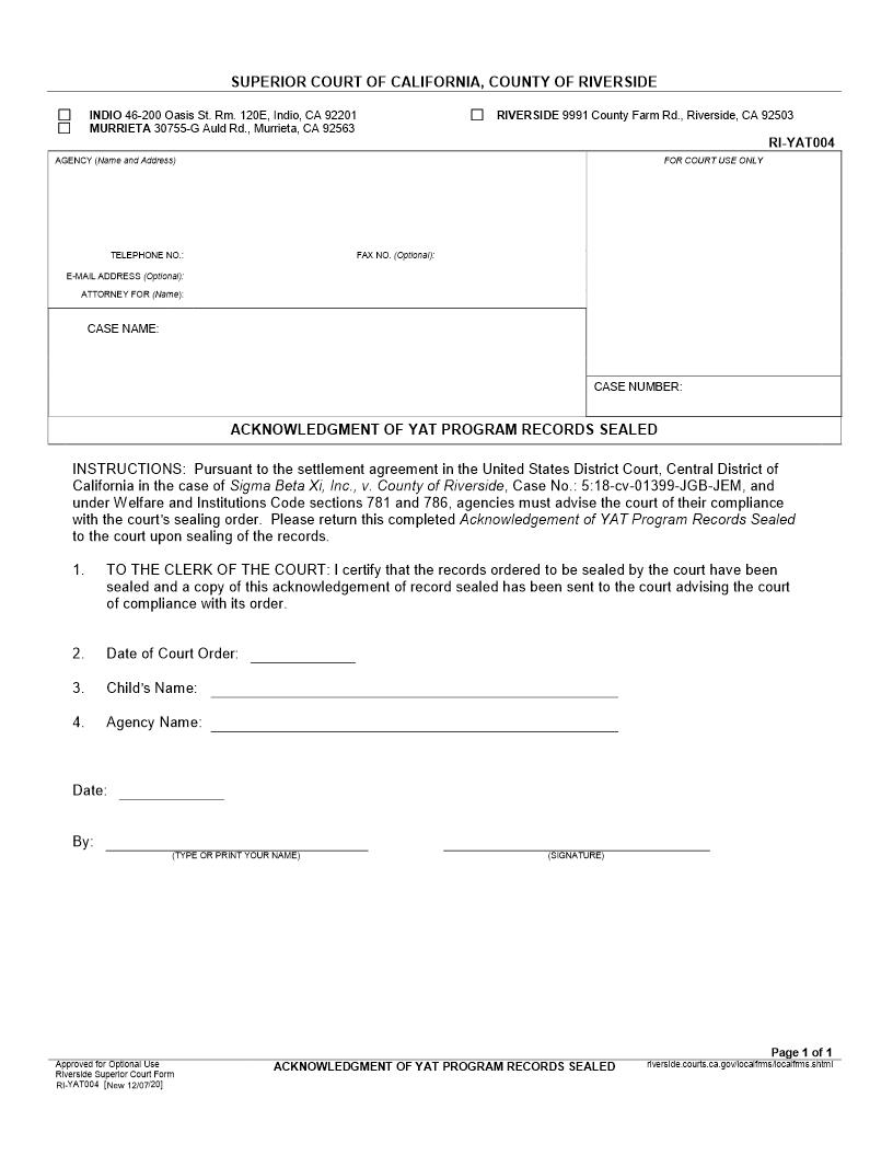 Acknowledgement Of YAT Program Records Sealed {RI-YAT004} | Pdf Fpdf Docx | California