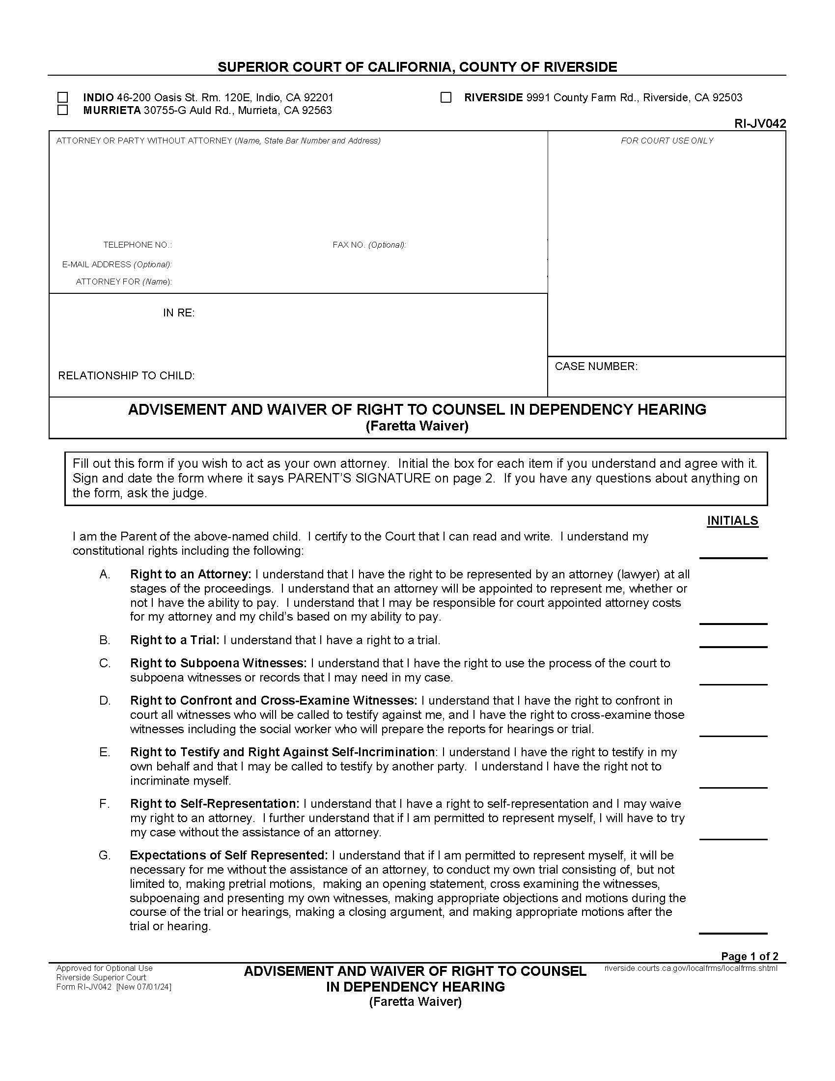 Advisement And Waiver Of Right To Counsel In Dependency Hearing (Faretta Hearing) {RI-JV042} | Pdf Fpdf Docx | California