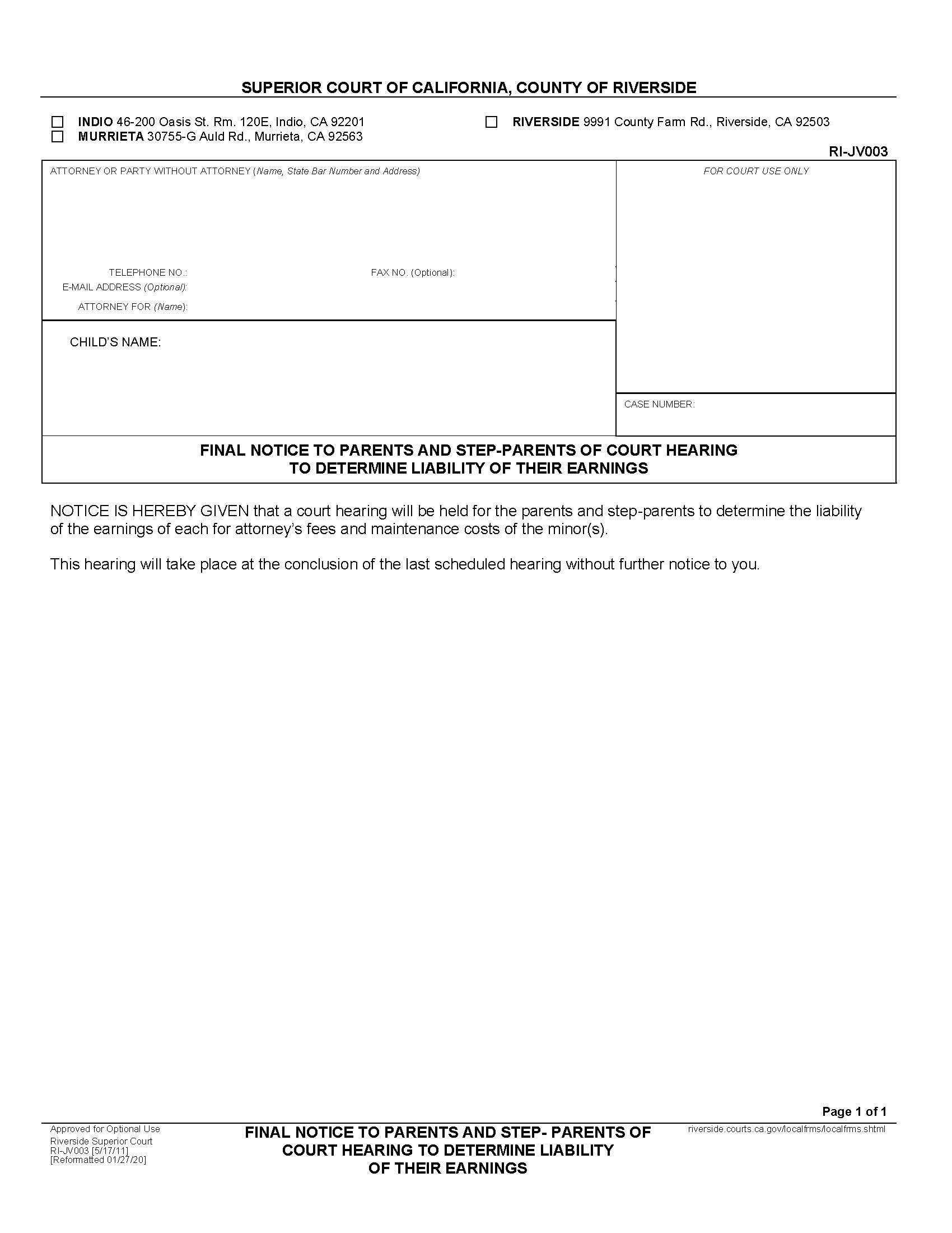 Final Notice To Parents And Stepparents Of Court Hearing To Determine Liability Of Their Earnings {RI-JV003} | Pdf Fpdf Docx | California