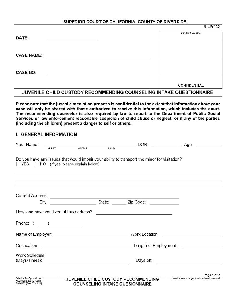 Juvenile Child Custody Recommending Counseling Intake Questionnaire {RI-JV032} | Pdf Fpdf Docx | California
