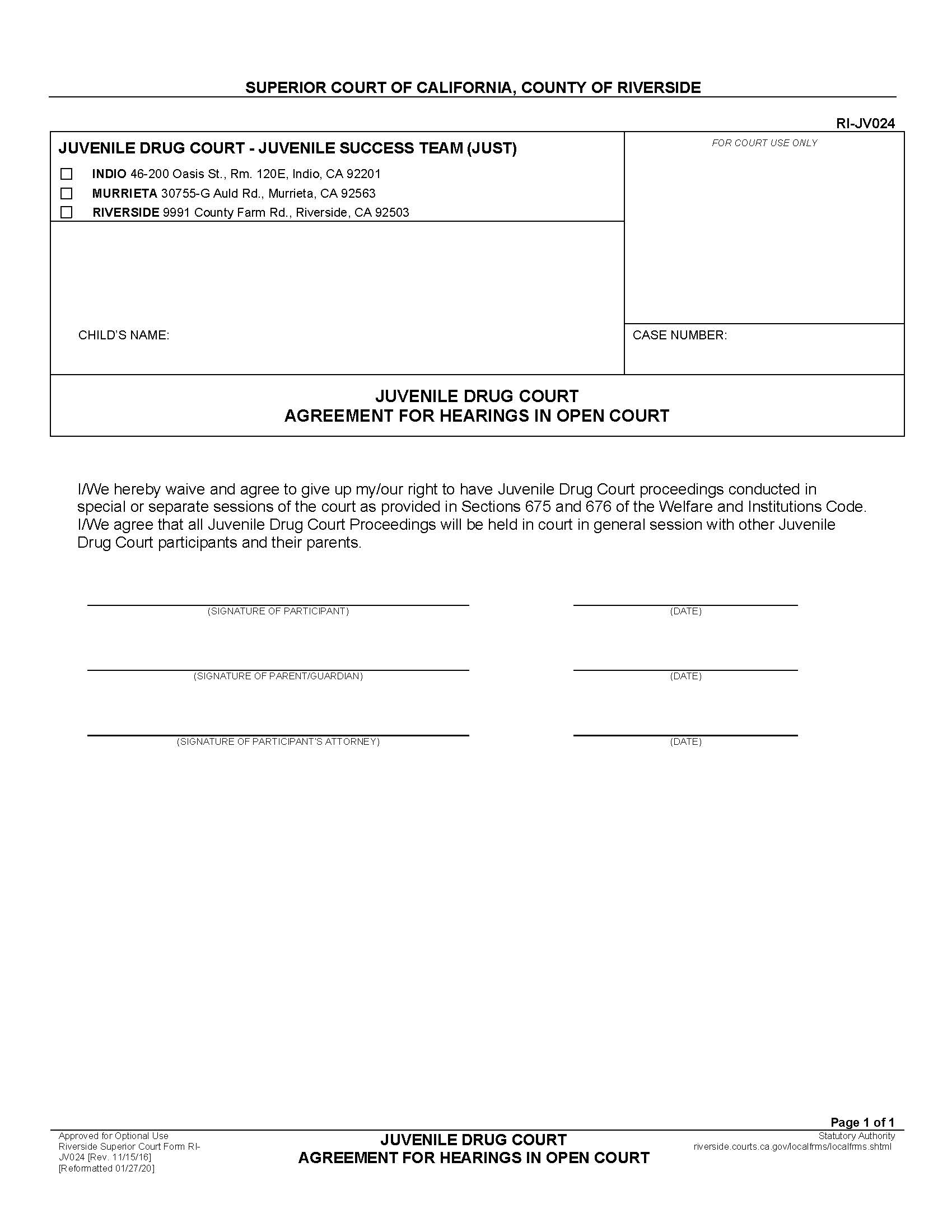 Juvenile Drug Court Agreement For Hearing In Open Court {RI-JV024} | Pdf Fpdf Docx | California