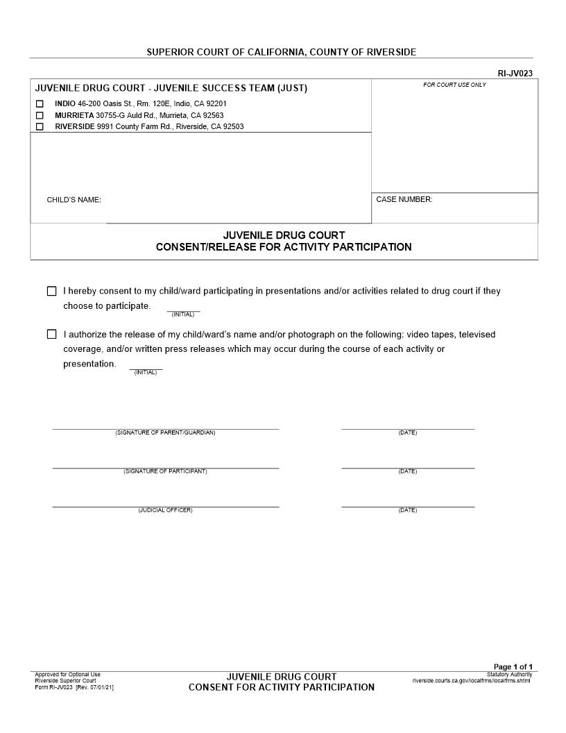 Juvenile Drug Court Consent For Activity Participation {RI-JV023} | Pdf Fpdf Docx | California