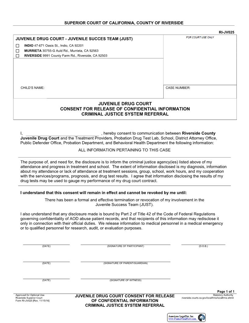 Juvenile Drug Court Consent For Release Of Confidential Information {RI-JV025} | Pdf Fpdf Docx | California