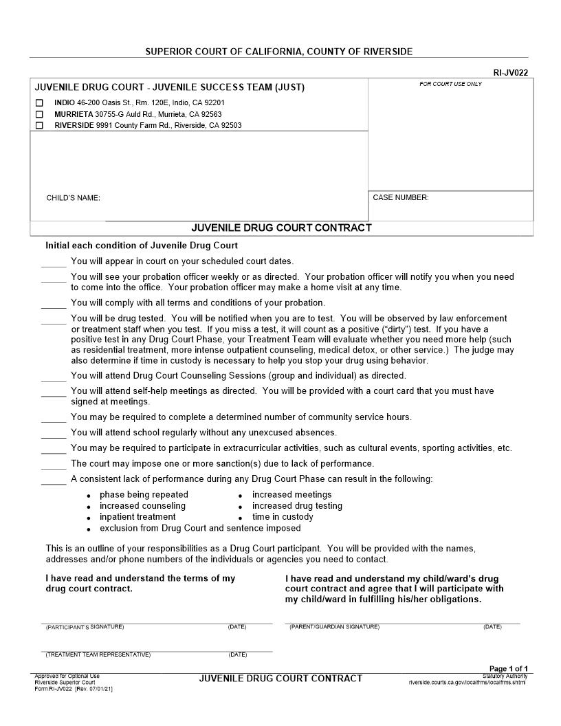 Juvenile Drug Court Contract {RI-JV022} | Pdf Fpdf Docx | California