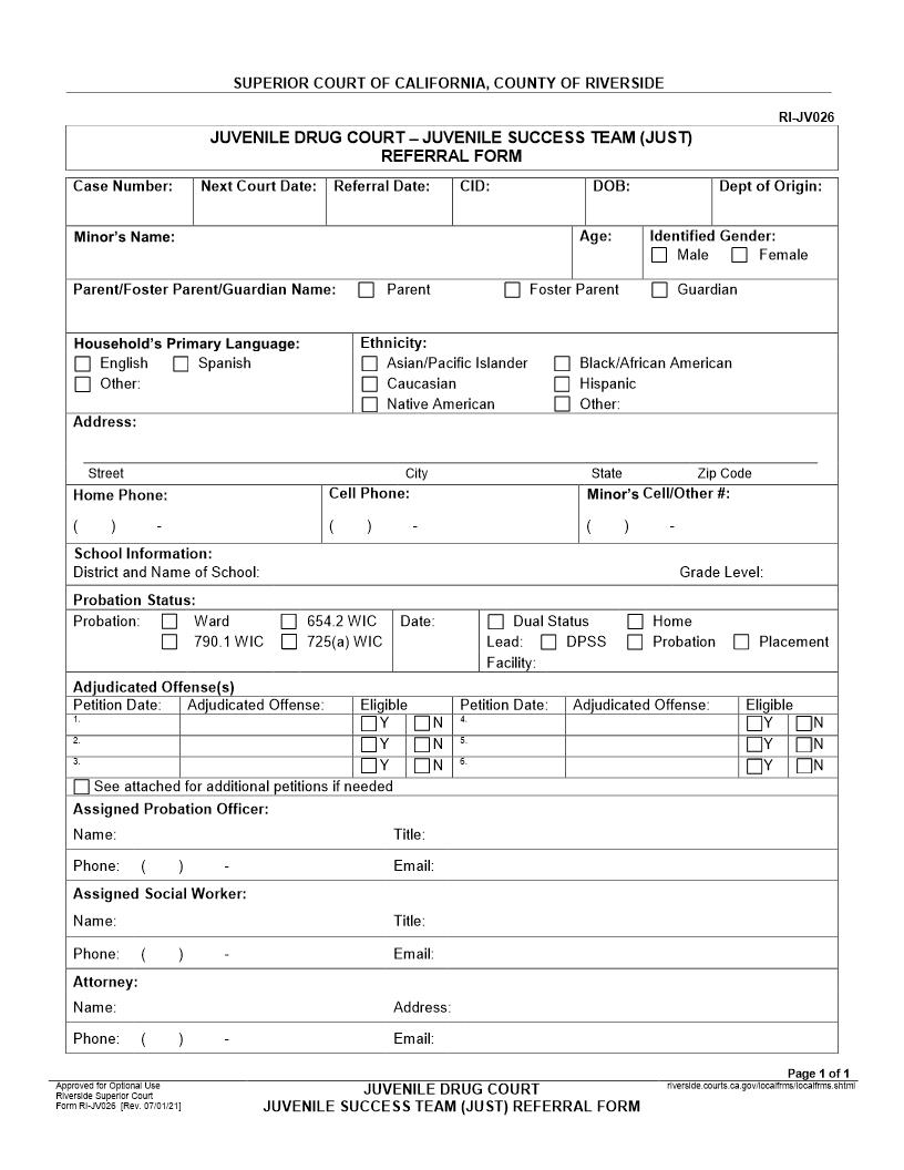 Juvenile Drug Court Juvenile Success Team (Just) Referral Form {RI-JV026} | Pdf Fpdf Doc Docx | California