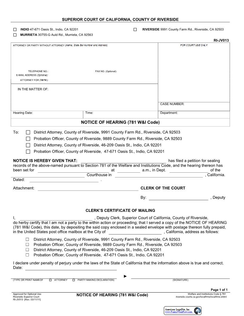 Notice Of Hearing (781 WI Code) {RI-JV013} | Pdf Fpdf Docx | California
