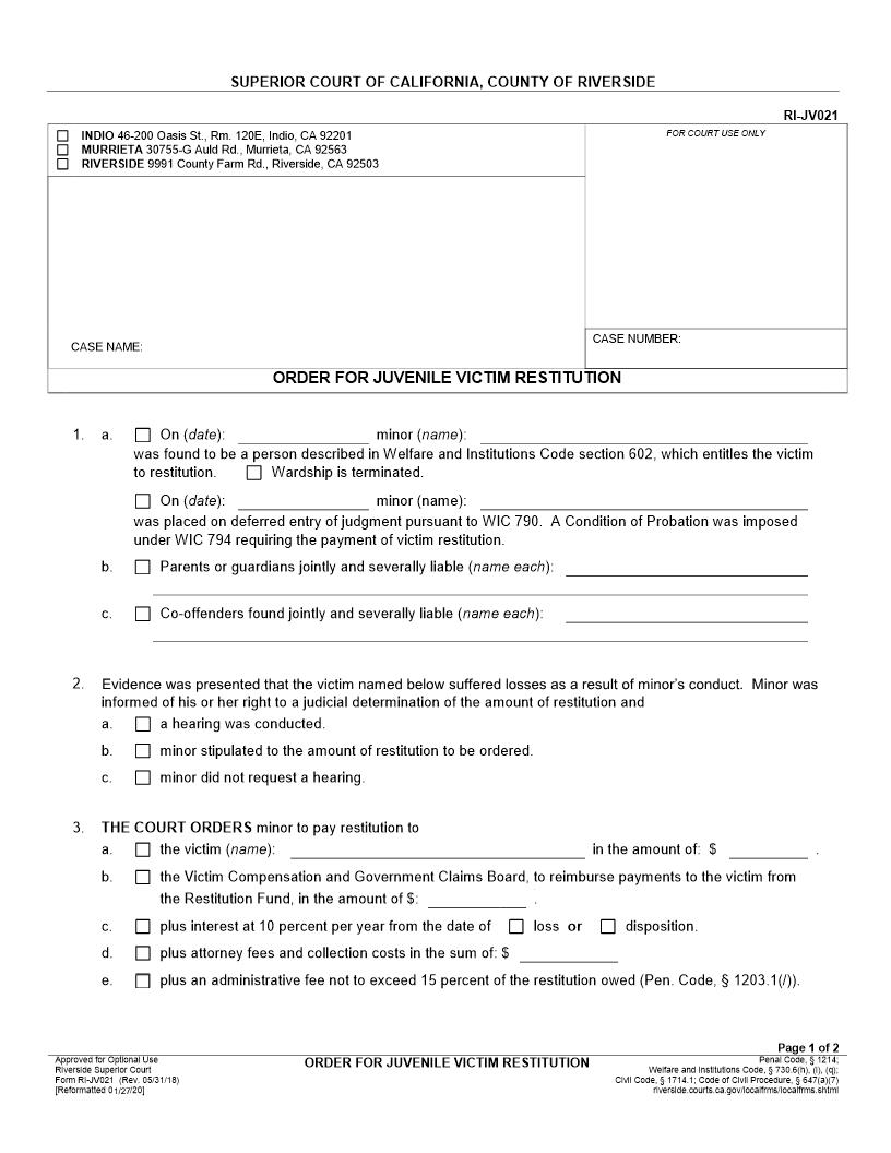 Order For Juvenile Victim Restitution {RI-JV021} | Pdf Fpdf Docx | California
