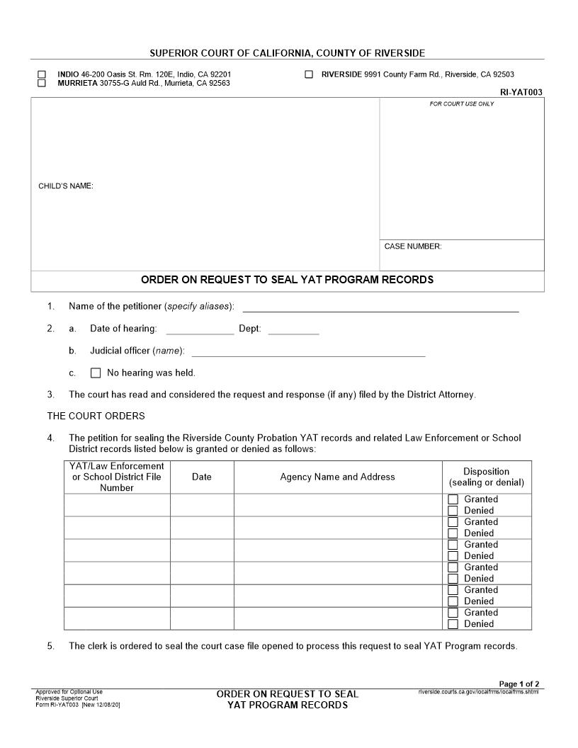 Order On Request To Seal YAT Program Records {RI-YAT003} | Pdf Fpdf Docx | California