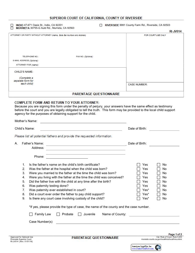 Parentage Questionnaire {RI-JV014} | Pdf Fpdf Docx | California