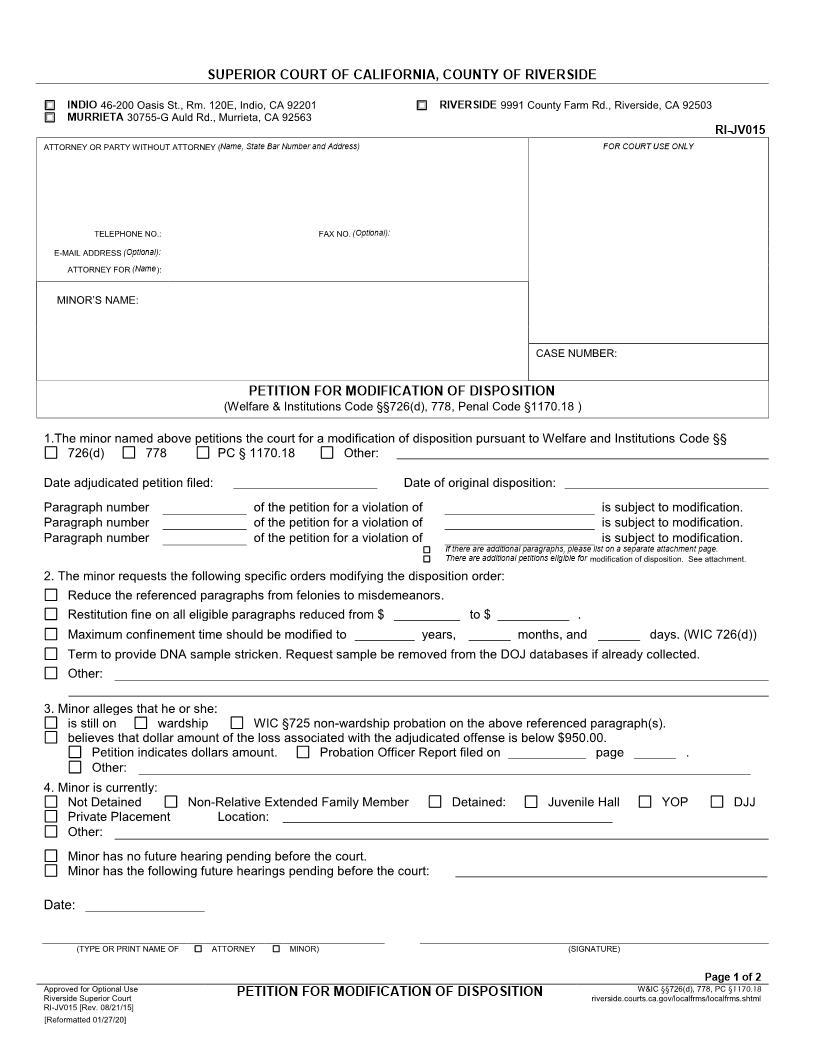 Petition For Modification Of Disposition {RI-JV015} | Pdf Fpdf Docx | California