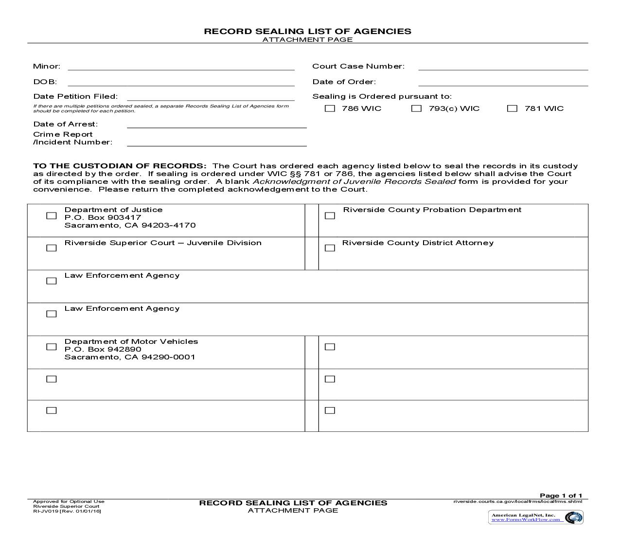 Record Sealing List Of Agencies Attachment Page {RI-JV019} | Pdf Fpdf Doc Docx | California