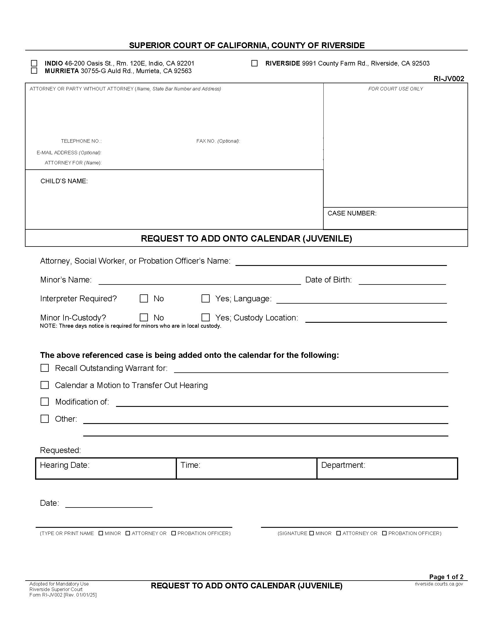 Request To Add Onto Calendar (Juvenile) {RI-JV002} | Pdf Fpdf Docx | California