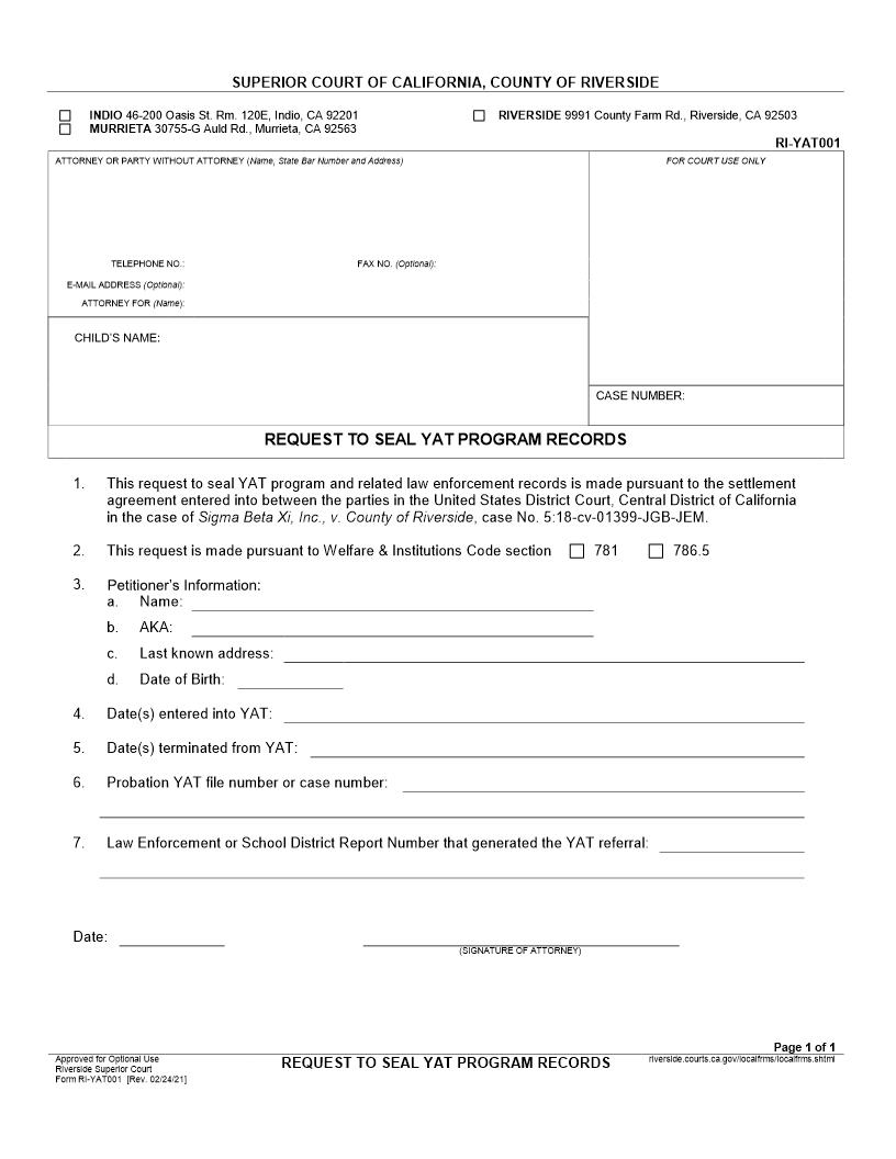Request To Seal YAT Program Records {RI-YAT001} | Pdf Fpdf Docx | California