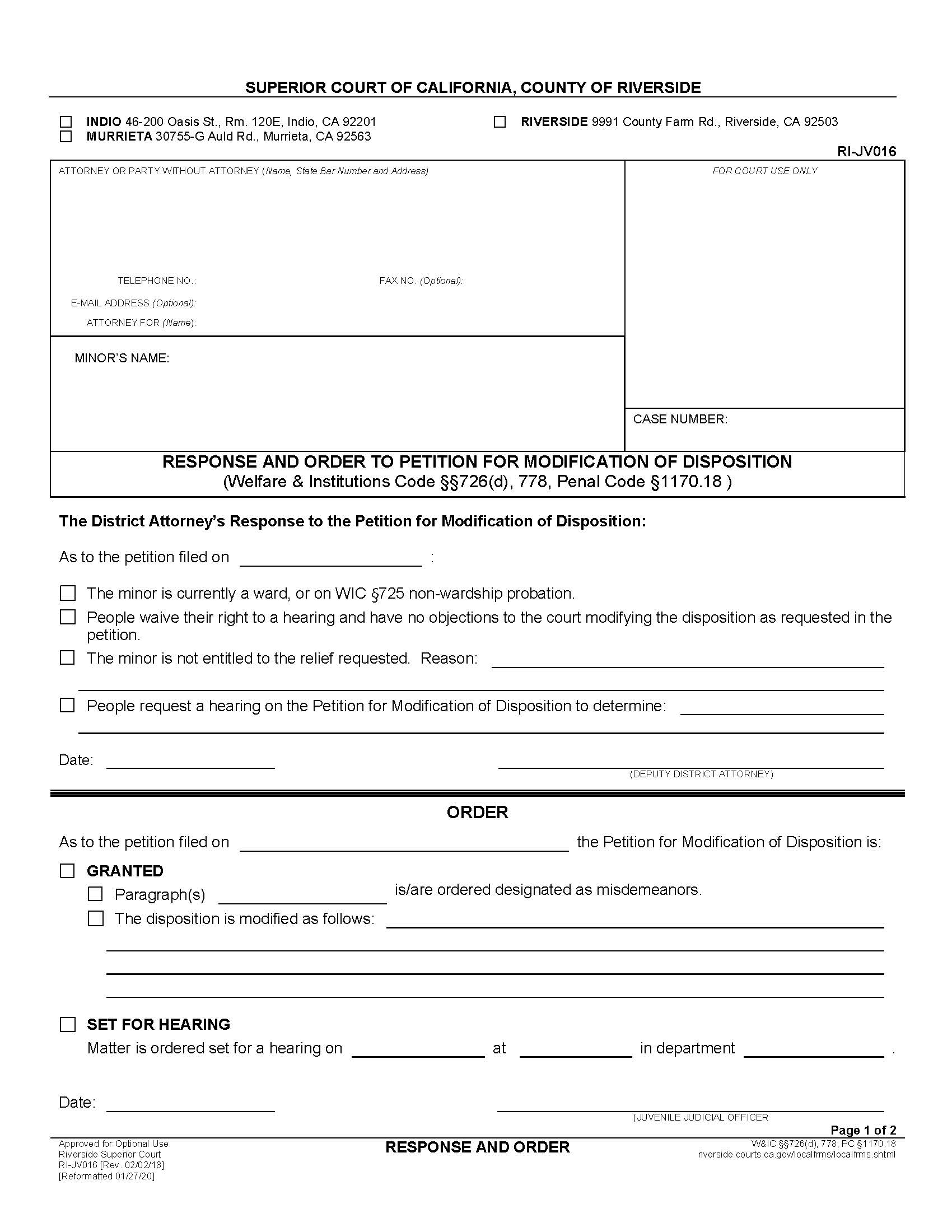 Response And Order To Petition For Modification Of Disposition {RI-JV016} | Pdf Fpdf Docx | California