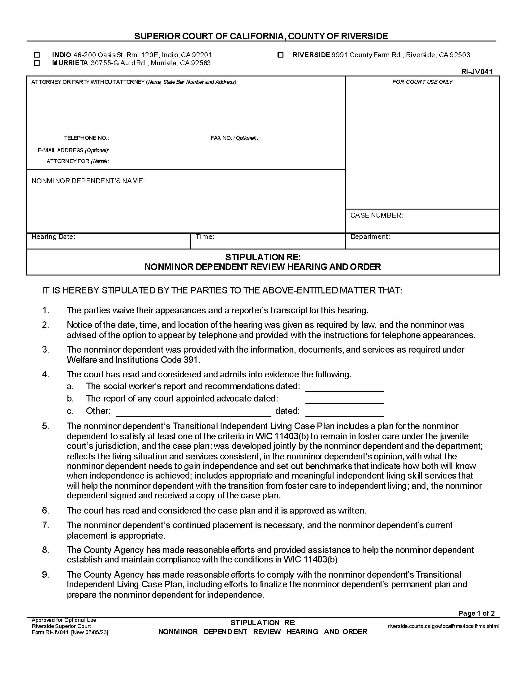 Stipulation Re Nonminor Dependent Review Hearing And Order {RI-JV041} | Pdf Fpdf Docx | California