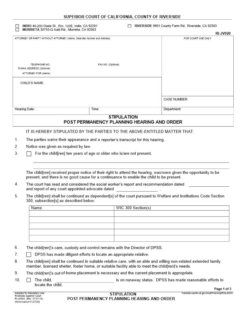 Stipulation Re Post Permanency Planning Hearing And Order {RI-JV020} | Pdf Fpdf Docx | California