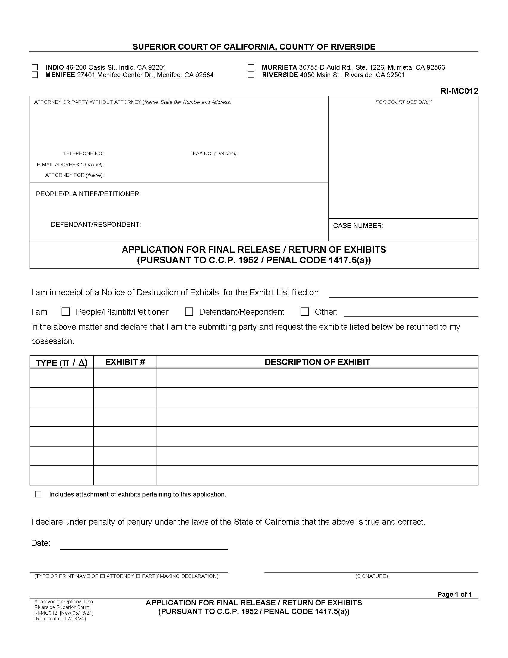Application For Final Release-Return Of Exhibits {RI-MC012} | Pdf Fpdf Docx | California