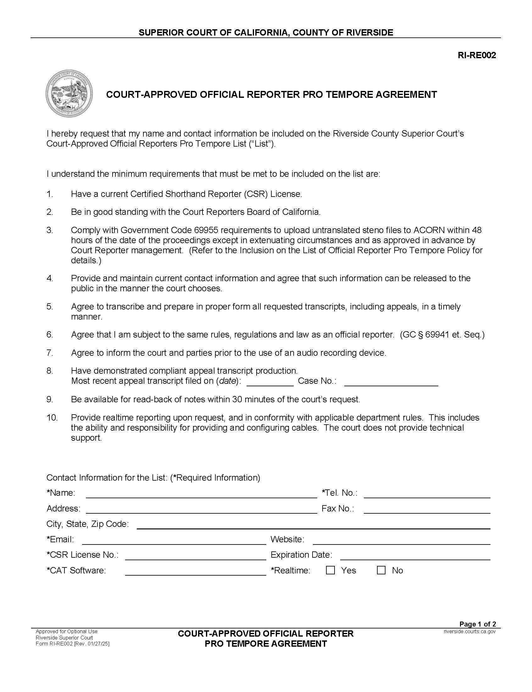 Court-Approved Official Reporter Pro Tempore Agreement (Interpreter Information) {RI-RE002} | Pdf Fpdf Docx | California
