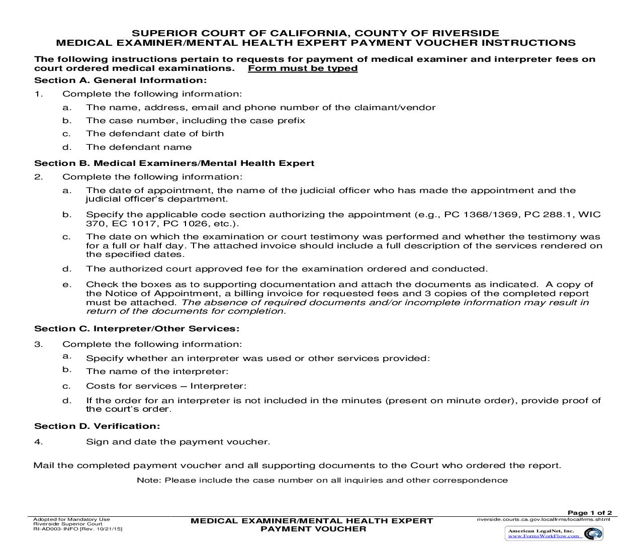 Medical Examiner-Mental Health Expert Payment Voucher {RI-AD003} | Pdf Fpdf Doc Docx | California