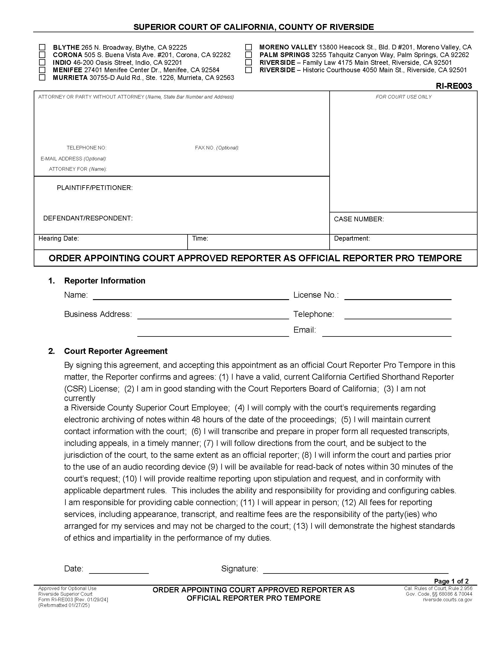Order Appointing Court Approved Reporter As Official Reporter Pro Tempore (Interpreter Information) {RI-RE003} | Pdf Fpdf Docx | California