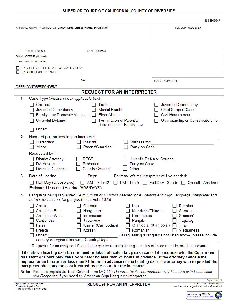 Request For An Interpreter {RI-IN007} | Pdf Fpdf Docx | California