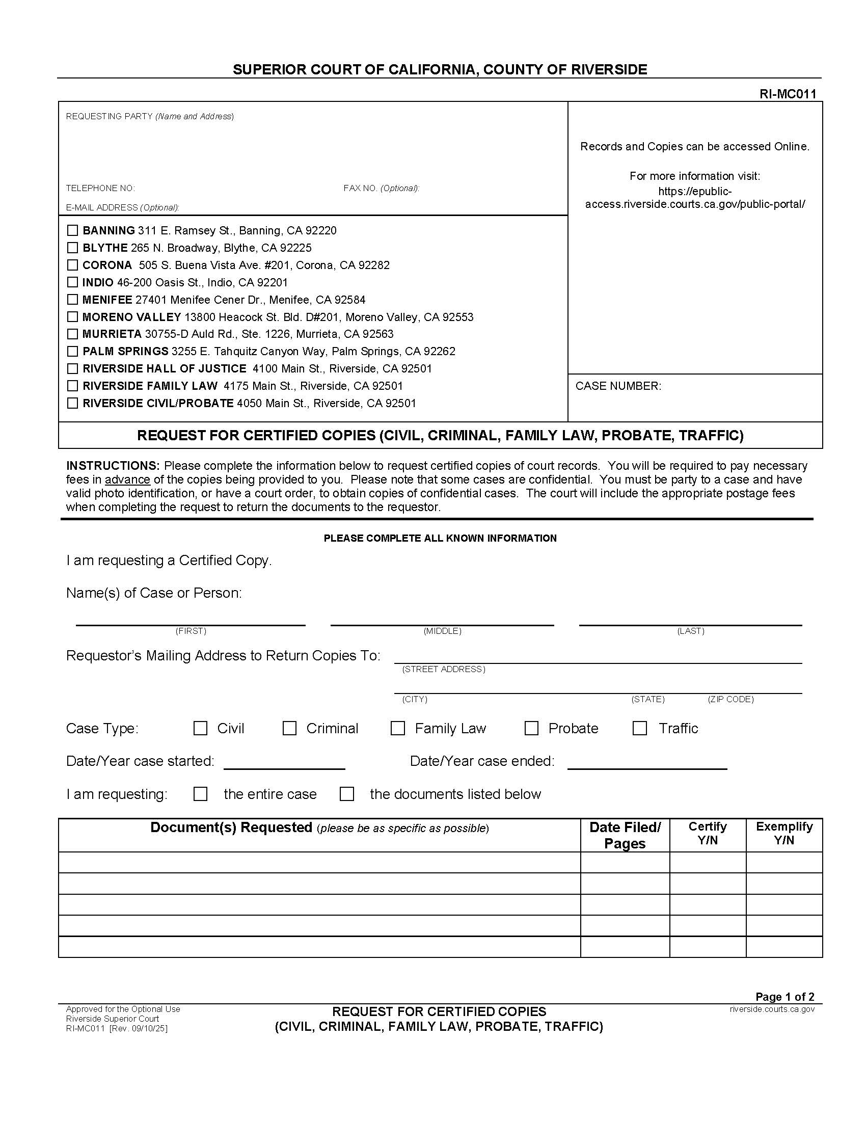 Request For Copies-Certified Copies (Family Law And Probate) {RI-MC011} | Pdf Fpdf Docx | California