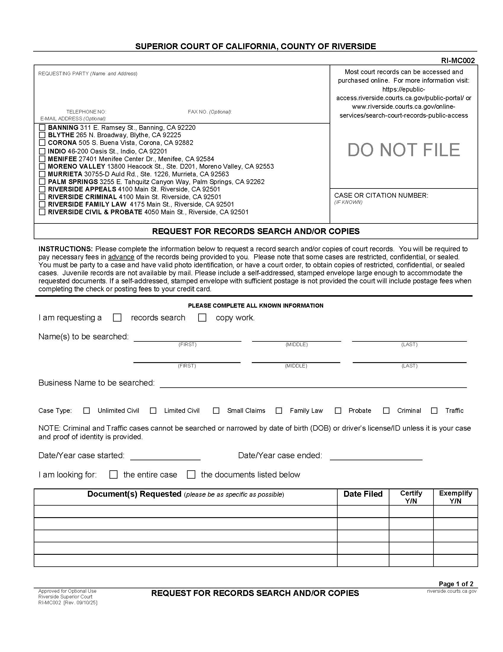 Request For Records Search And-Or Copies {RI-MC002} | Pdf Fpdf Docx | California