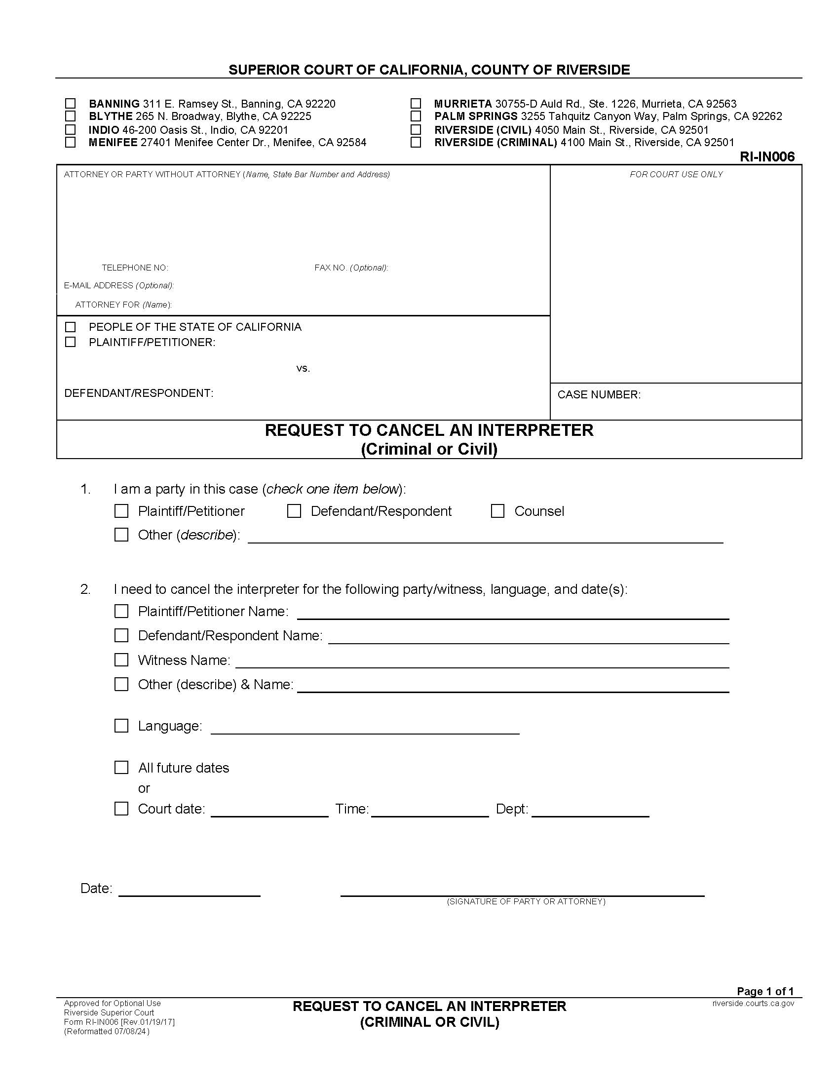 Request To Cancel And Interpreter (Criminal Or Civil) {RI-IN006} | Pdf Fpdf Docx | California