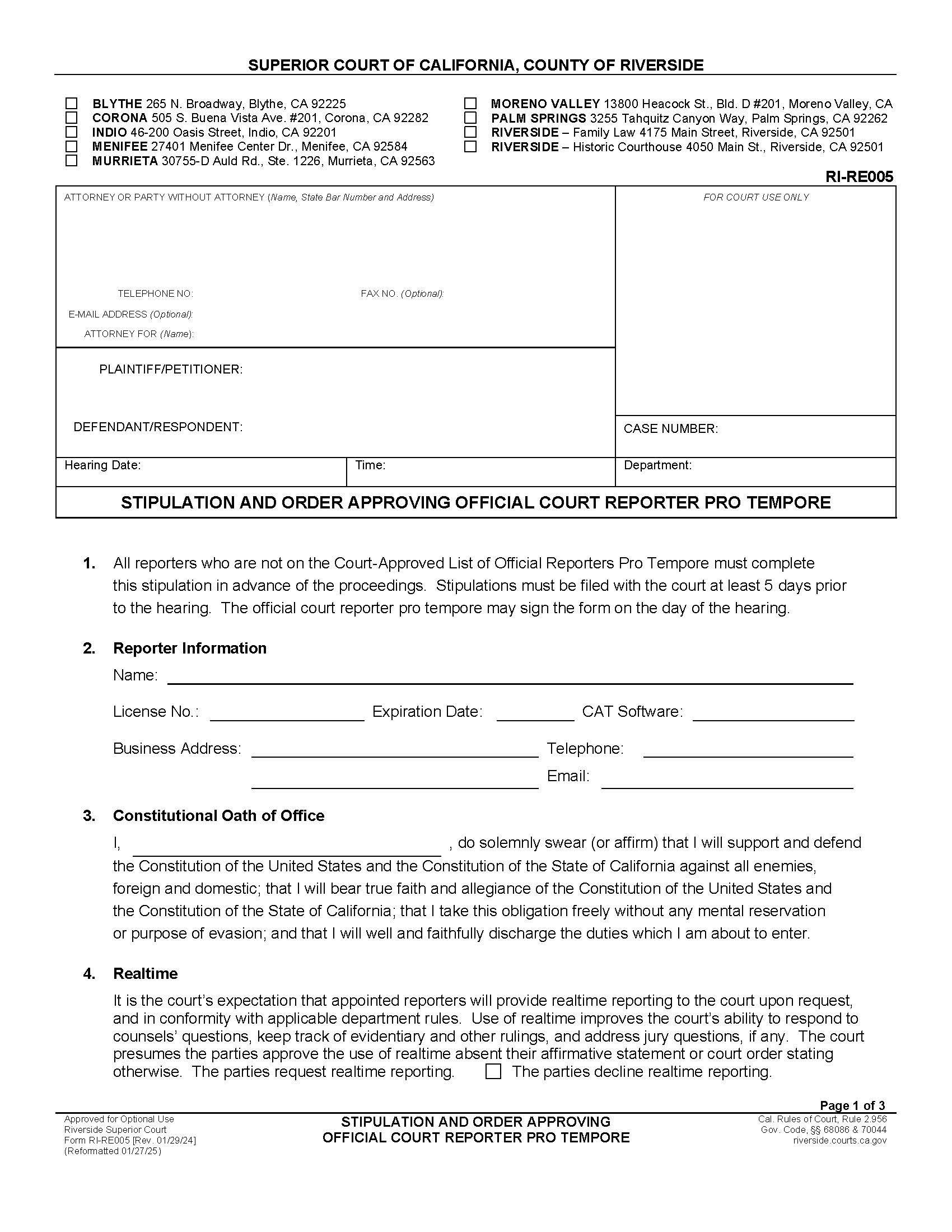 Stipulation And Order Approving Official Court Reporter Pro Tempore {RI-RE005} | Pdf Fpdf Docx | California