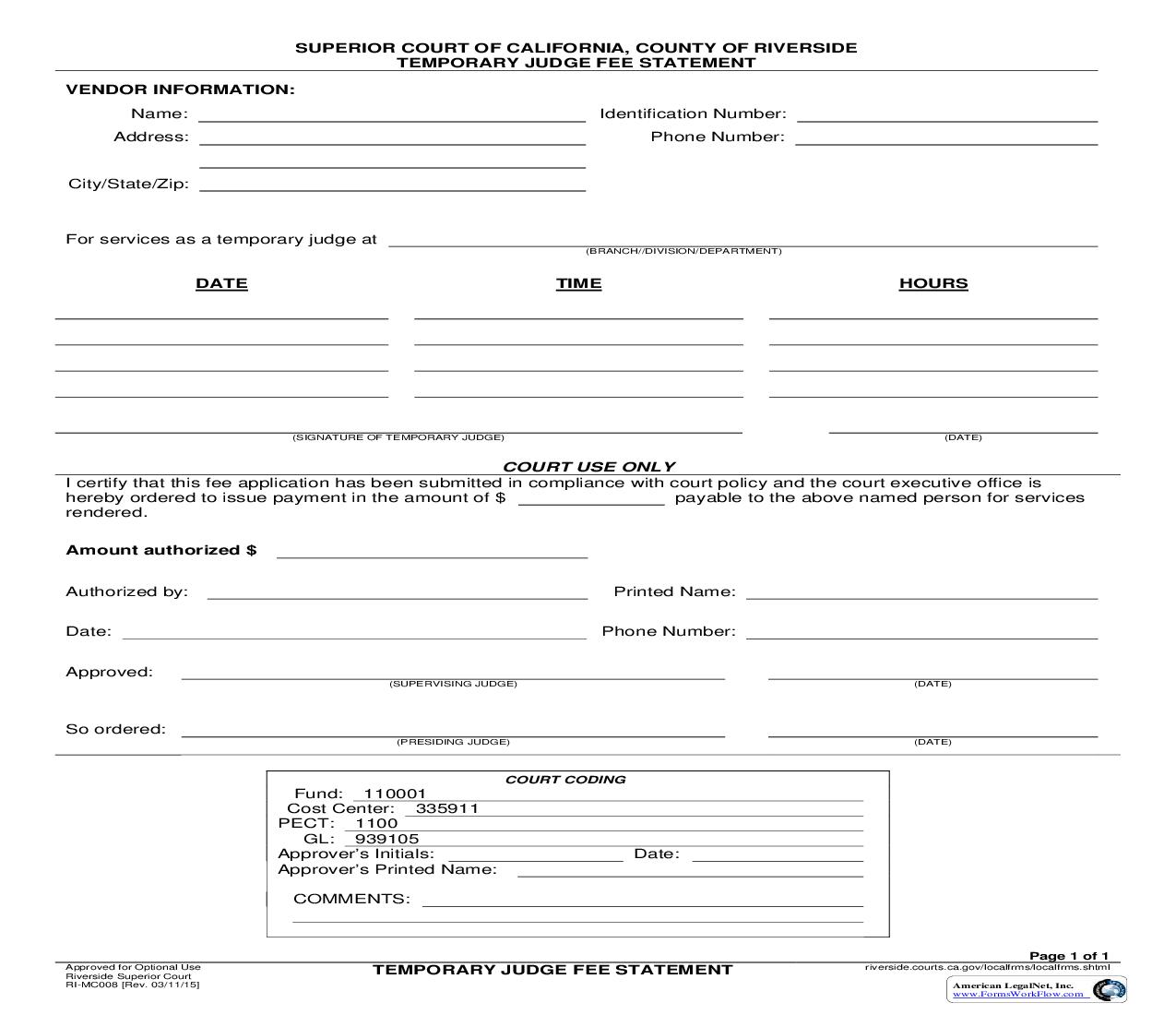 Temporary Judge Fee Statement {RI-MC008} | Pdf Fpdf Doc Docx | California