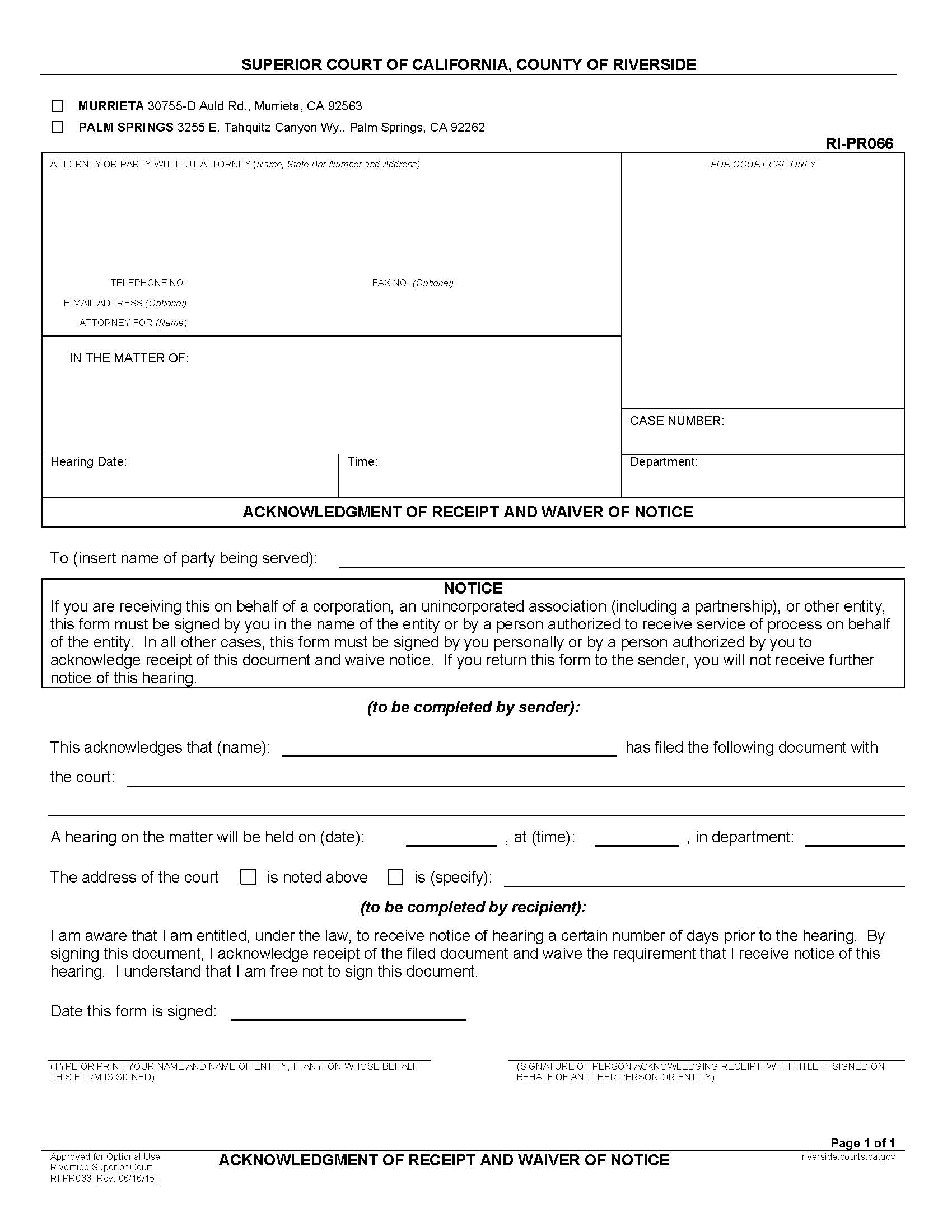 Acknowledgment Of Receipt And Waiver Of Notice {RI-PR066} | Pdf Fpdf Docx | California