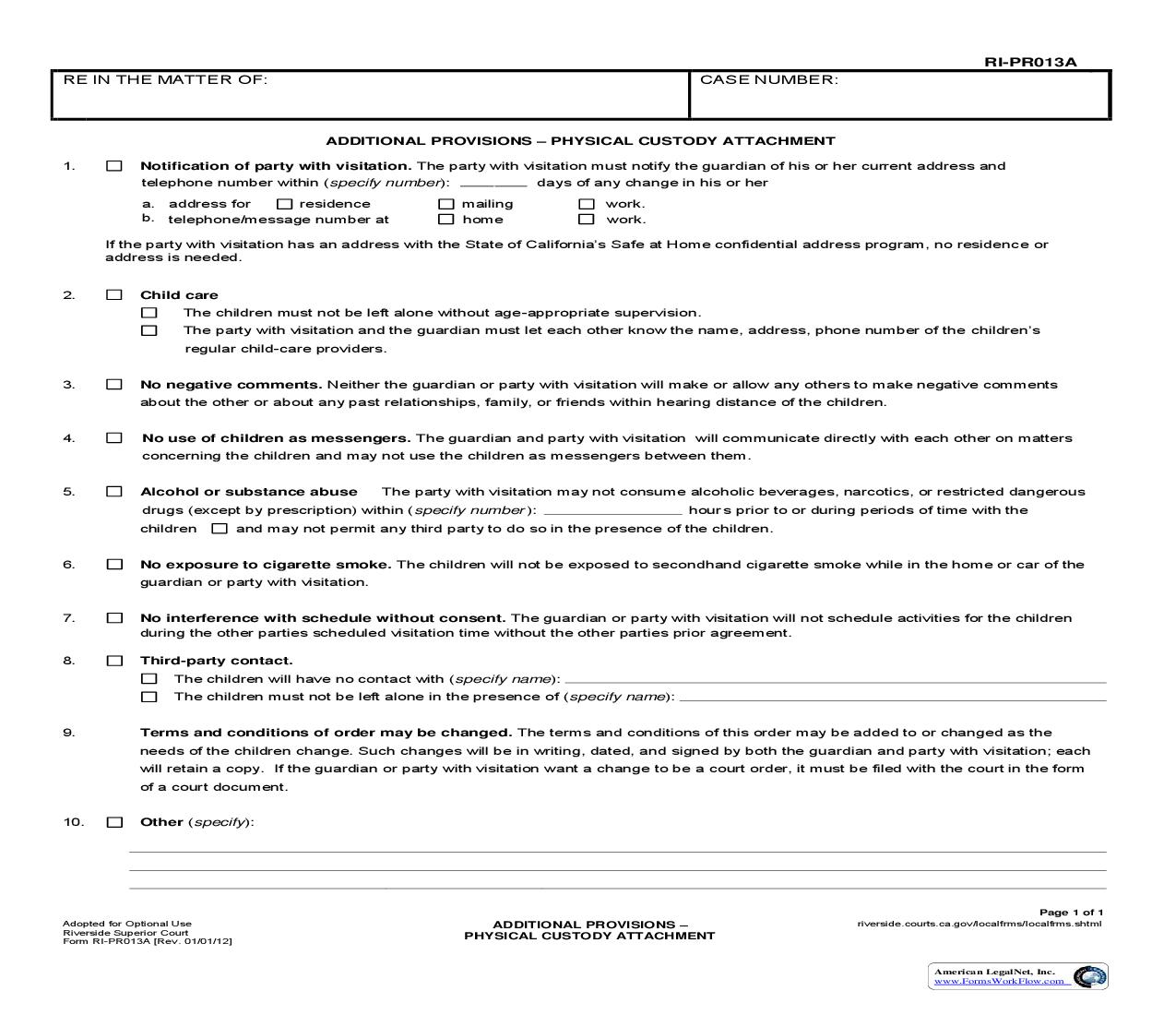 Additional Provisions Physical Custody Attachment {RI-PR013A} | Pdf Fpdf Doc Docx | California