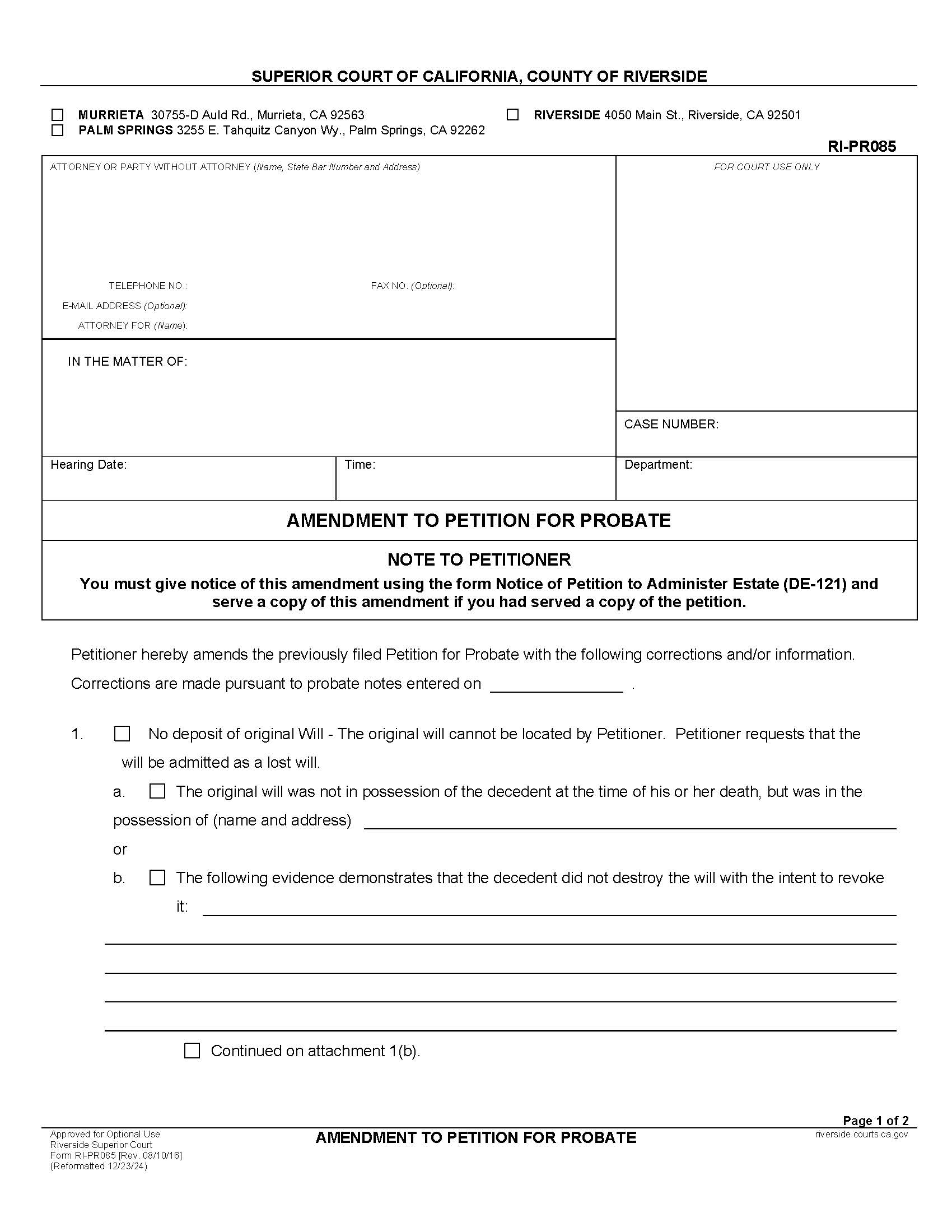 Amendment To Petition For Probate {RI-PR085} | Pdf Fpdf Docx | California