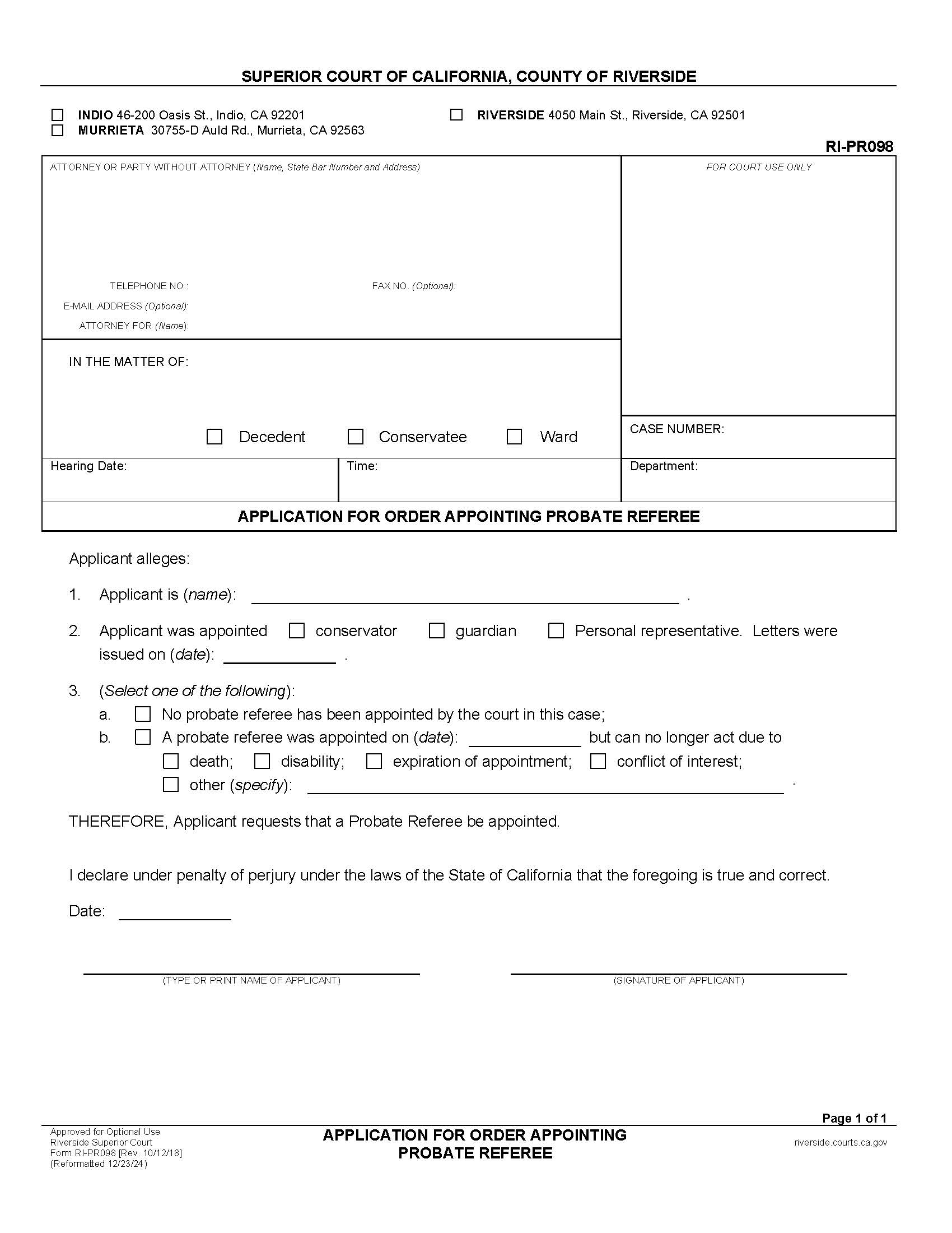 Application For Order Appointing Probate Referee {RI-PR098} | Pdf Fpdf Docx | California