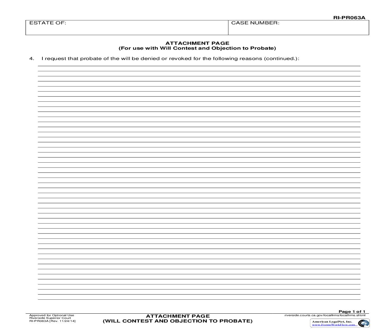 Attachment Page (Will Contest And Objection To Probate) {RI-PR063A} | Pdf Fpdf Doc Docx | California
