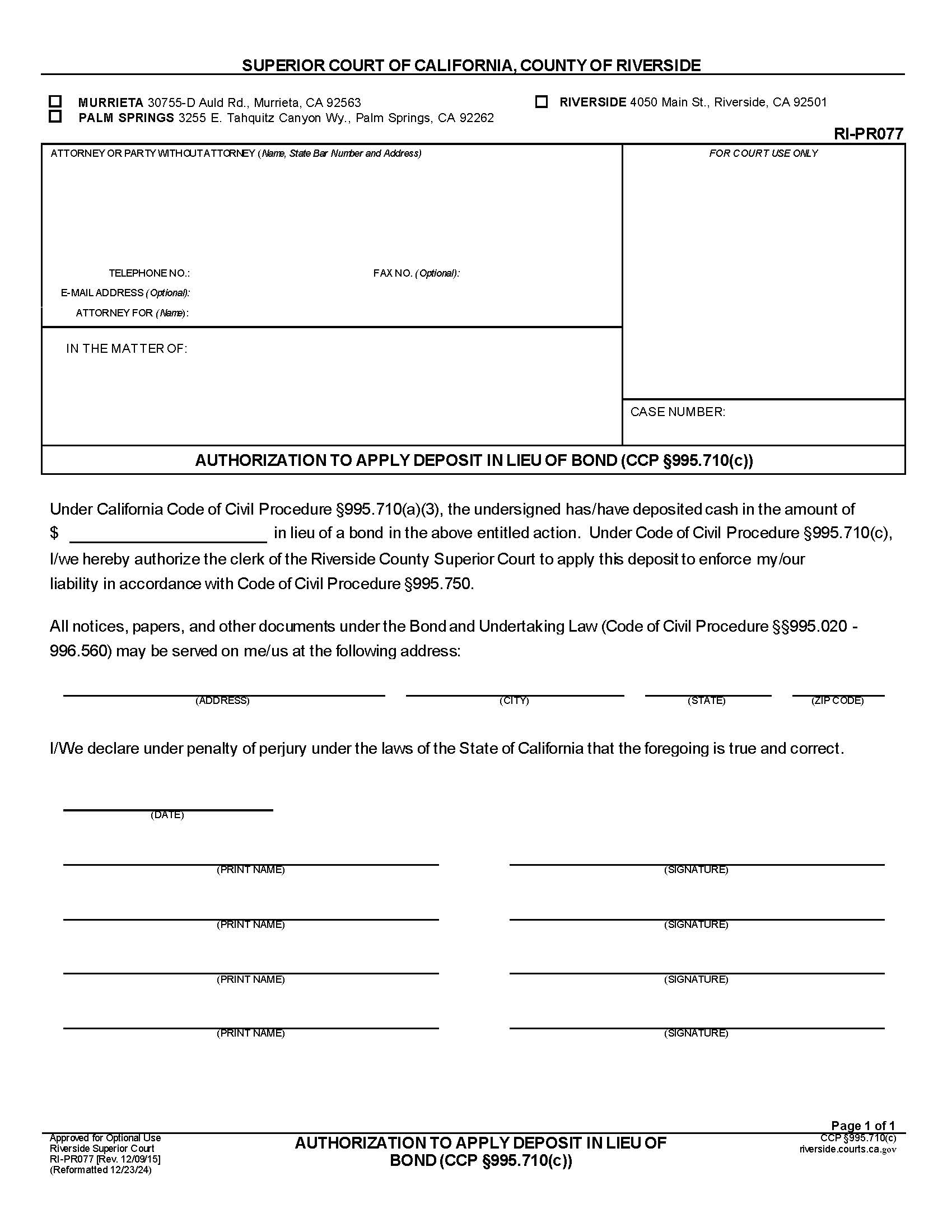 Authorization To Apply Deposit In Lieu Of Bond {RI-PR077} | Pdf Fpdf Docx | California
