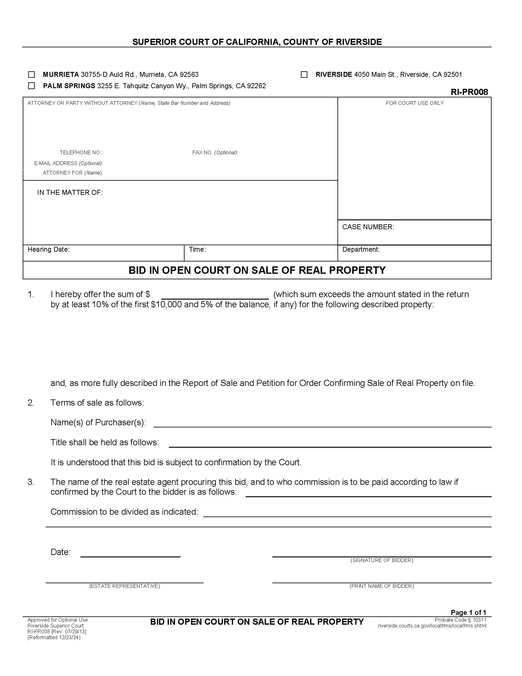 Bid In Open Court On Sale Of Real Property {RI-PR008} | Pdf Fpdf Docx | California