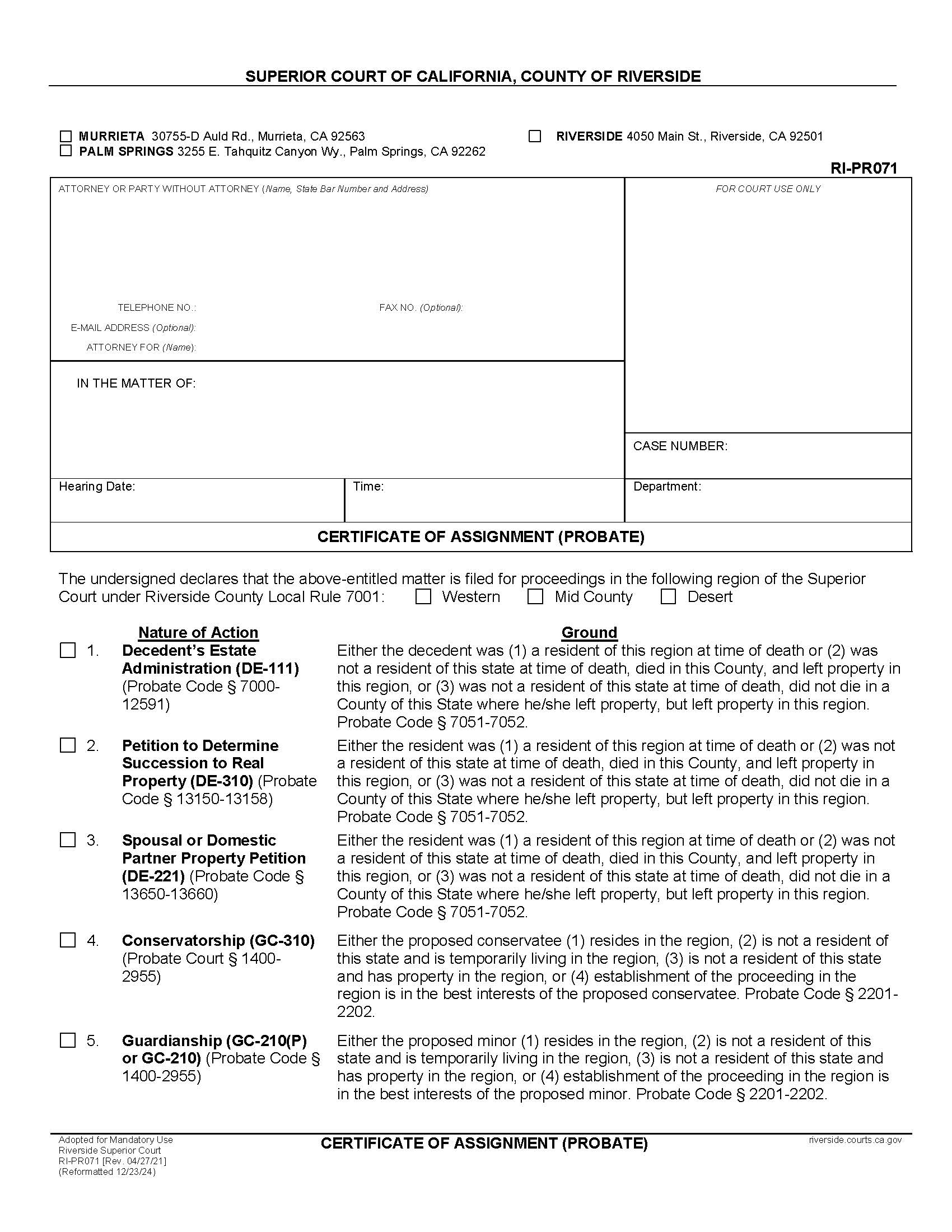 Certificate Of Assignment (Probate) {RI-PR071} | Pdf Fpdf Docx | California