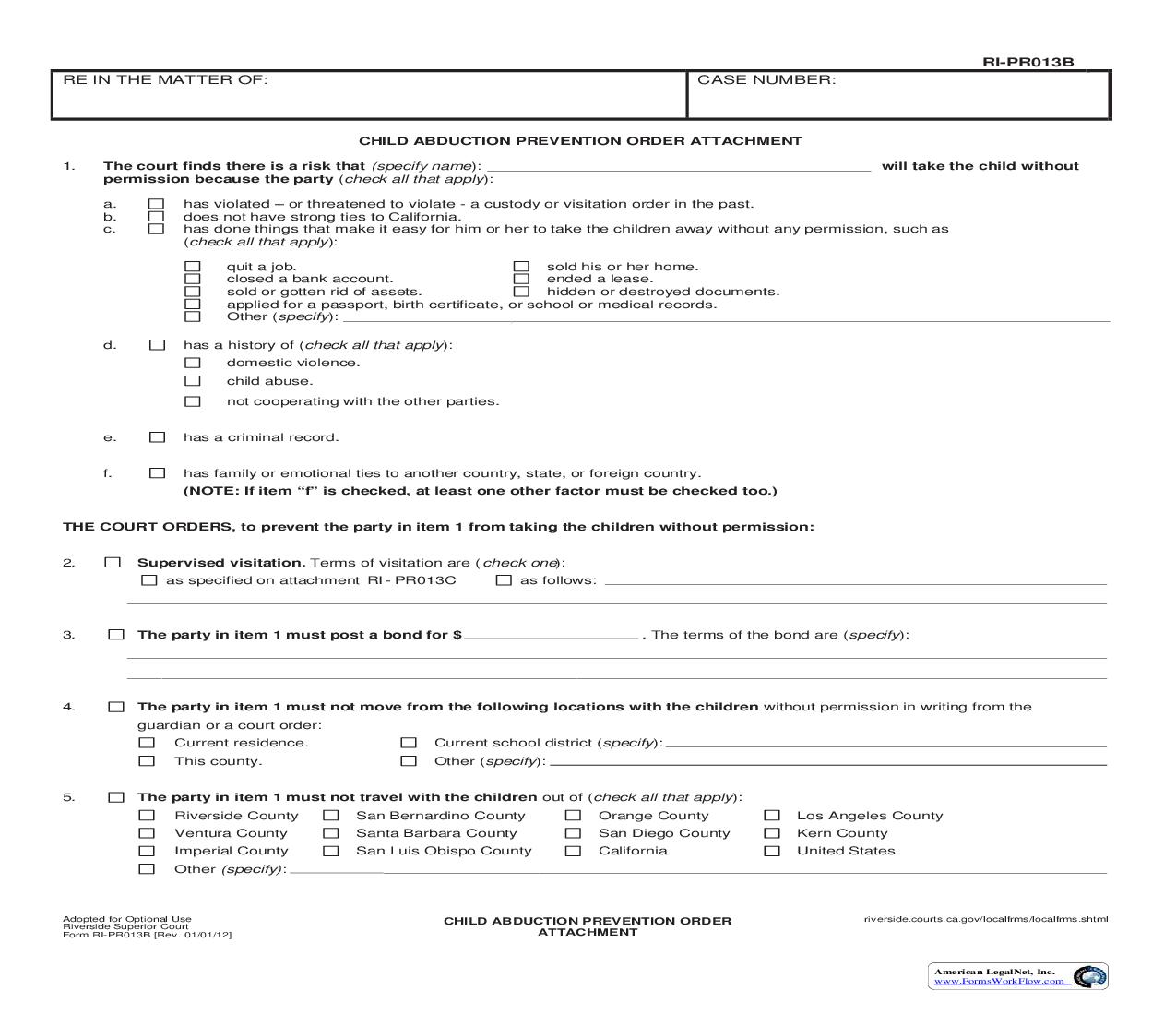 Child Abduction Prevention Order Attachment {RI-PR013B} | Pdf Fpdf Doc Docx | California