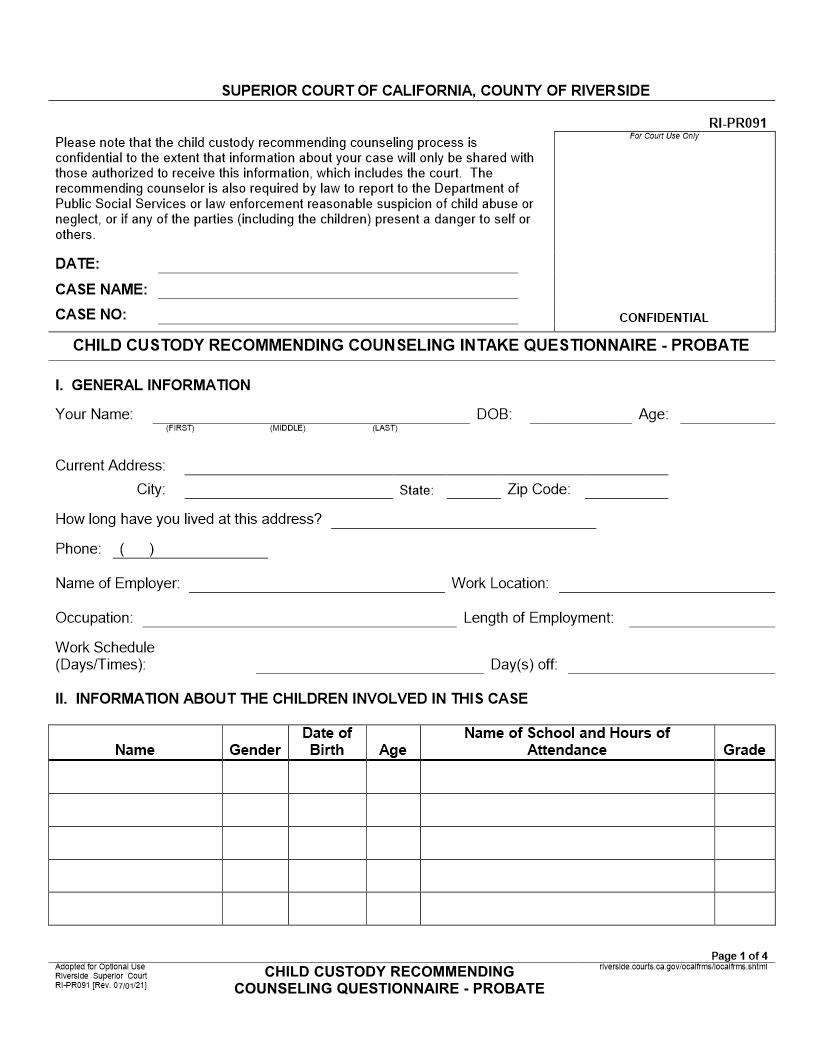 Child Custody Recommending Counseling Questionnaire {RI-PR091} | Pdf Fpdf Docx | California