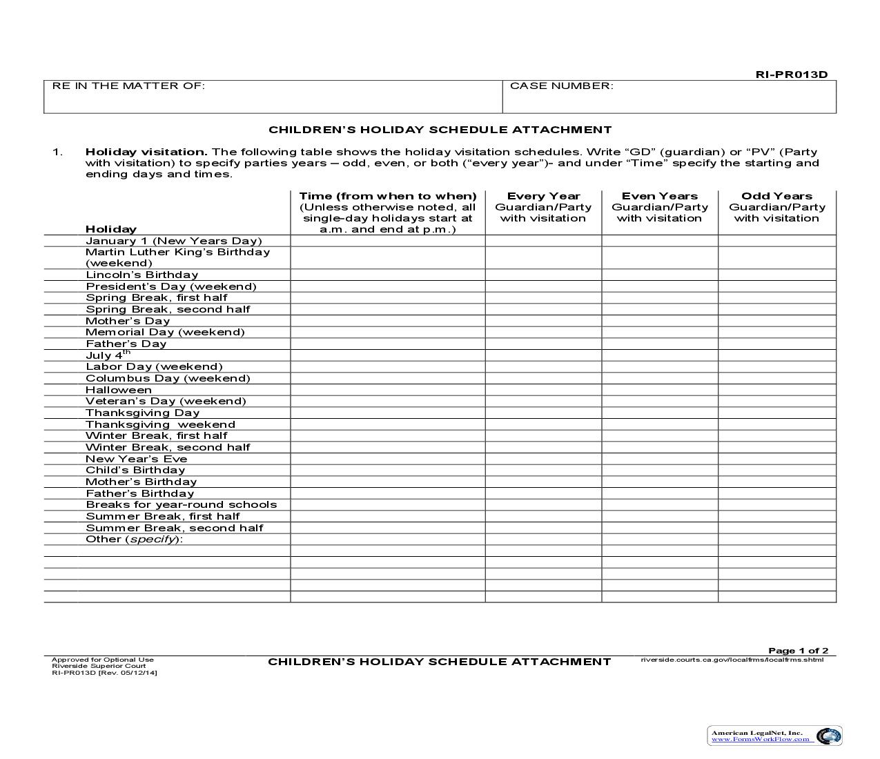 Childrens Holiday Schedule Attachment {RI-PR013D} | Pdf Fpdf Doc Docx | California