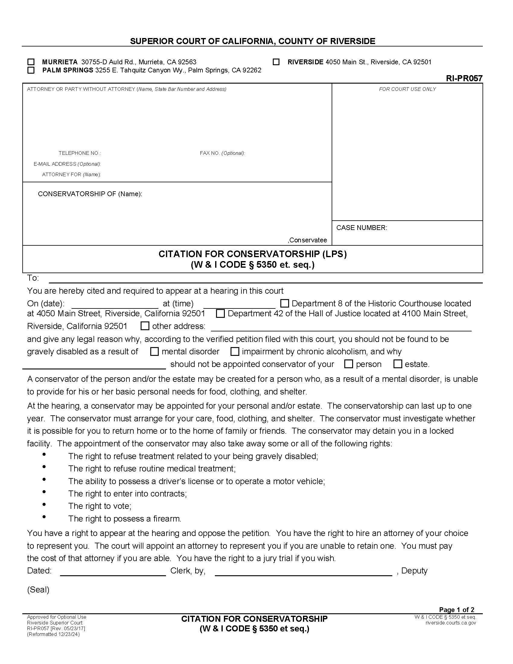 Citation For Conservatorship (LPS) {RI-PR057} | Pdf Fpdf Docx | California