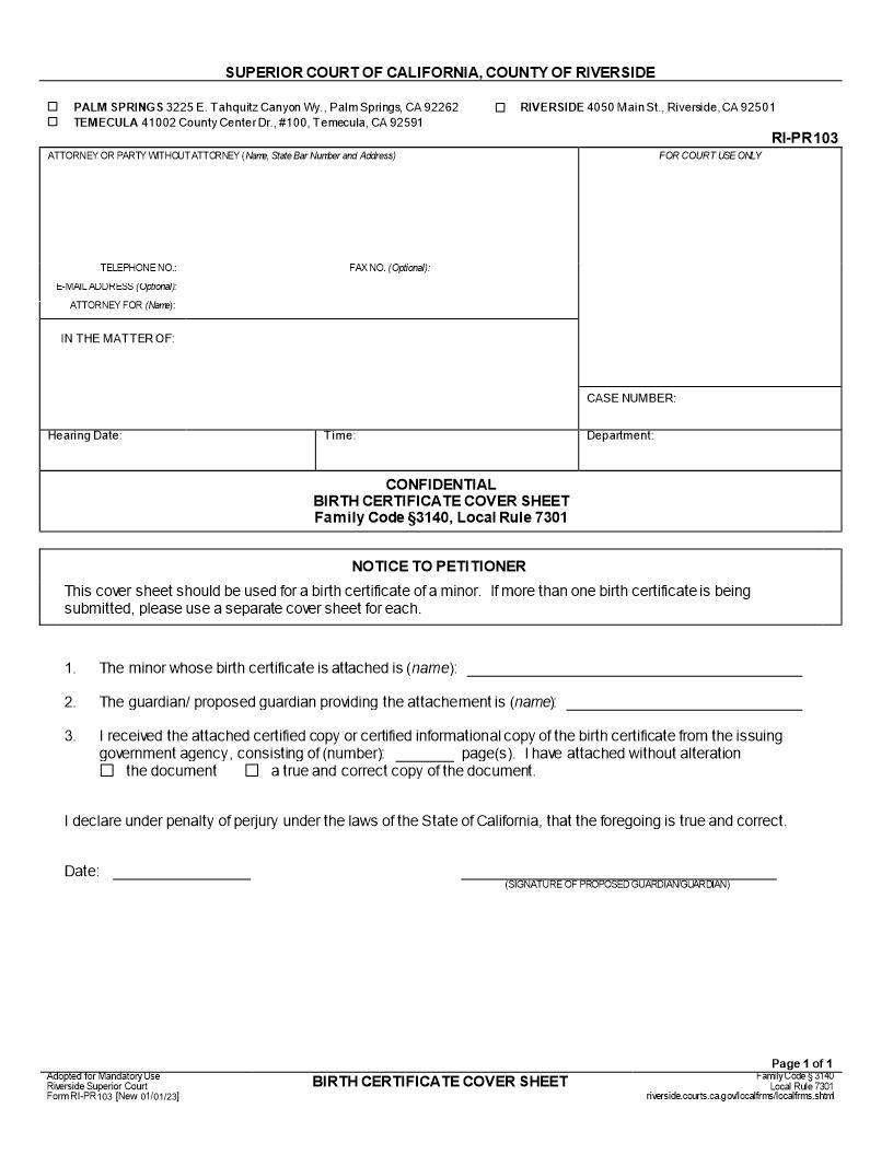 Confidential Birth Certificate Cover Sheet {RI-PR103} | Pdf Fpdf Docx | California