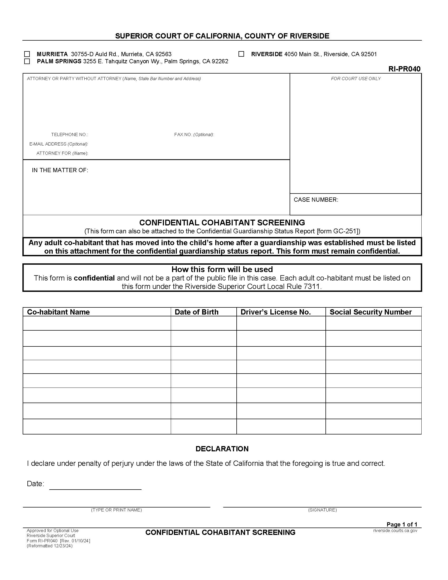 Confidential Cohabitant Screening Attachment (Confidential Guardianship Status Report (Form GC-251)) {RI-PR040} | Pdf Fpdf Doc Docx | California