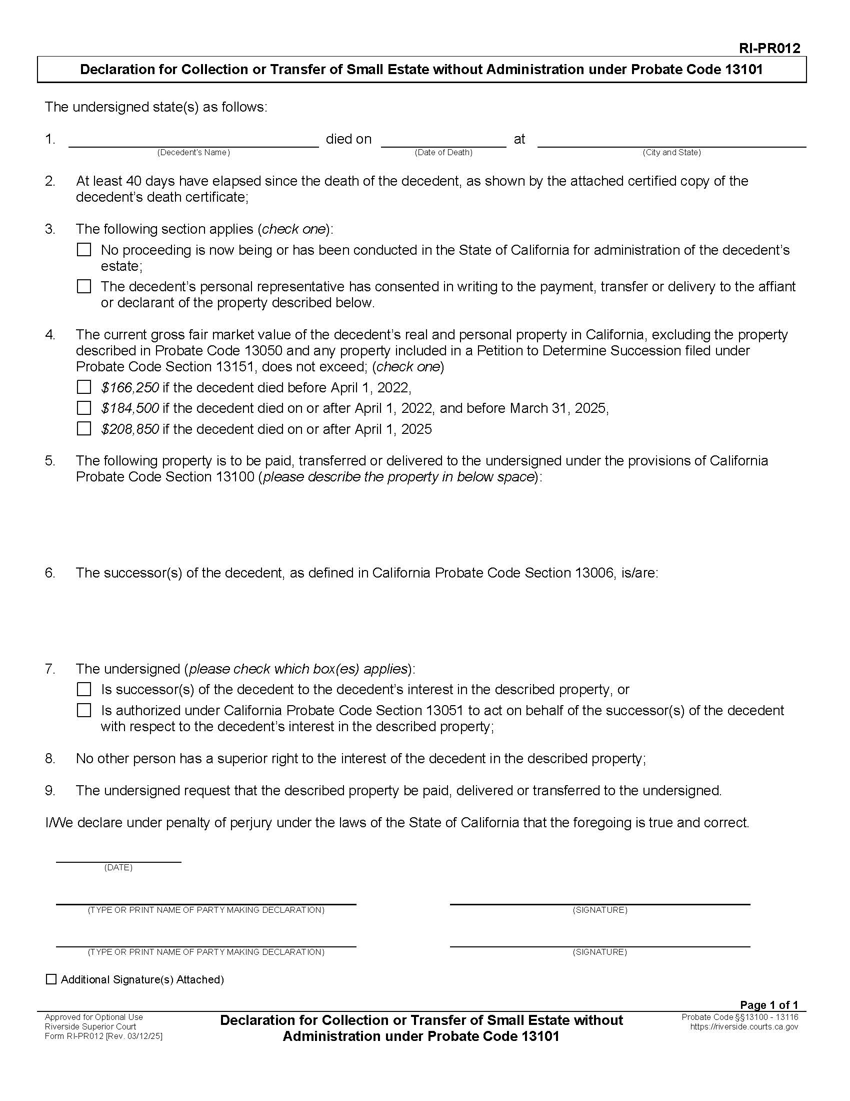 Declaration For Collection Or Transfer Of Small Estate Without Administration {RI-PR012} | Pdf Fpdf Docx | California