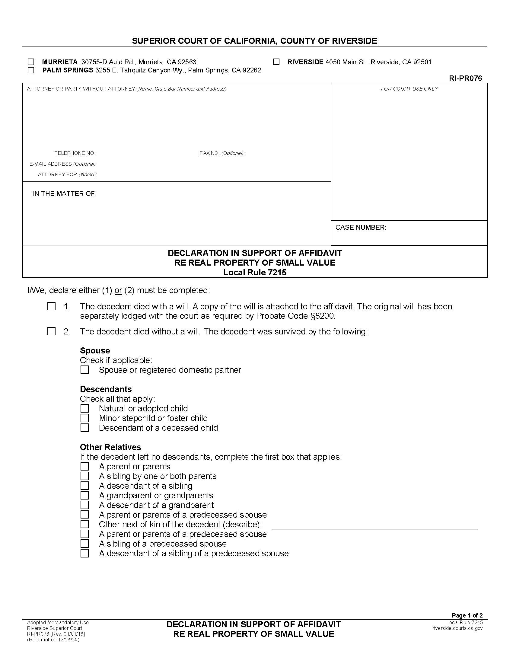 Declaration In Support Of Affidavit Re Real Property Of Small Value {RI-PR076} | Pdf Fpdf Docx | California