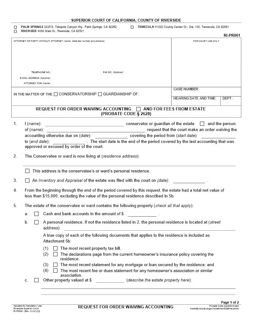 Declaration In Support Of Order Dispensing With Accounting {RI-PR061} | Pdf Fpdf Docx | California
