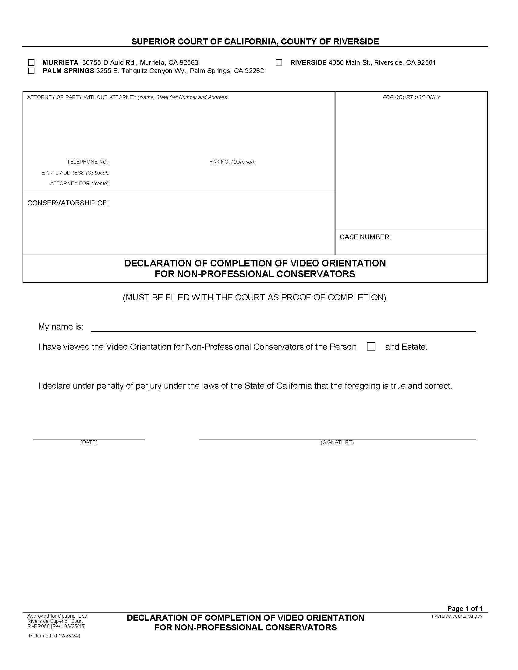 Declaration Of Completion Of Video Orientation For Non-Professional Conservators {RI-PR068} | Pdf Fpdf Docx | California